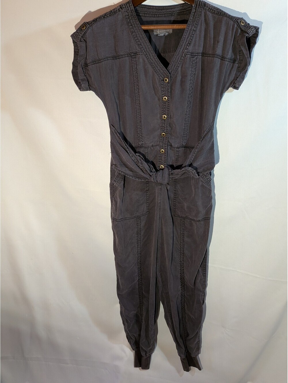Anthropologie Gray Button-Front Jumpsuit with Tie Waist, Size US 4